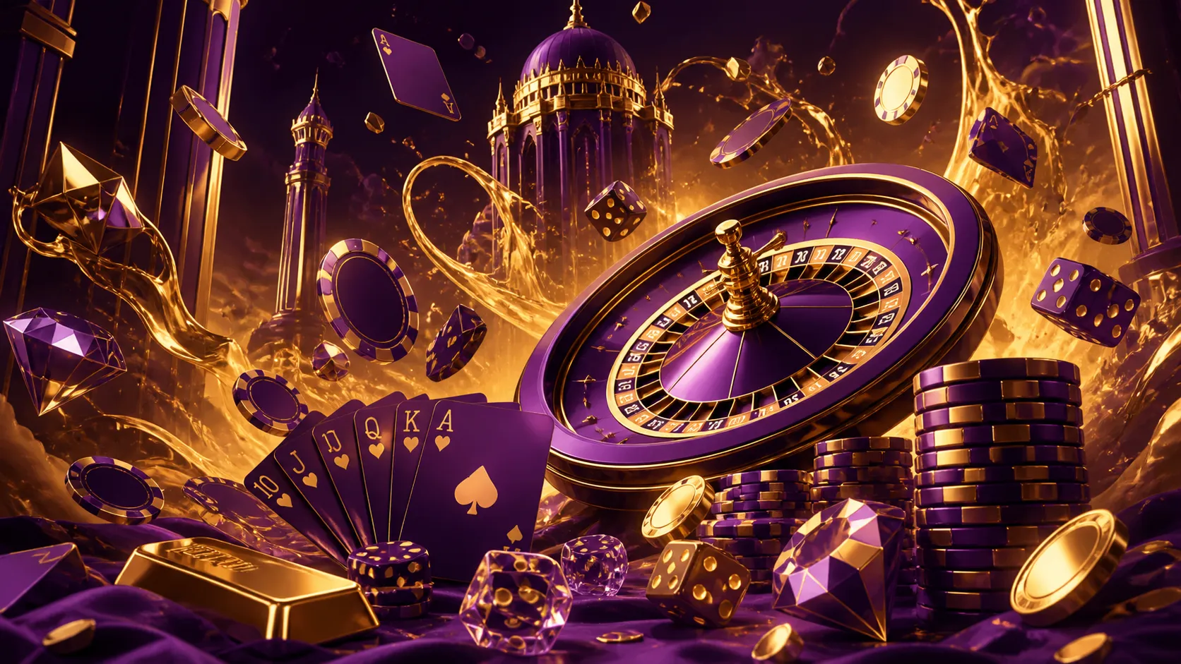 Luxury casino-themed hero banner for Betmica with vibrant, two-color design featuring poker chips, dice, and a roulette wheel